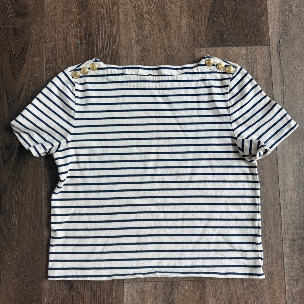 J. Crew top. White with blue stripes and gold buttons. Women’s size medium.